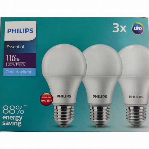 שלישיית נורות לד Philips Essential E27 11W 6500k 1250lm